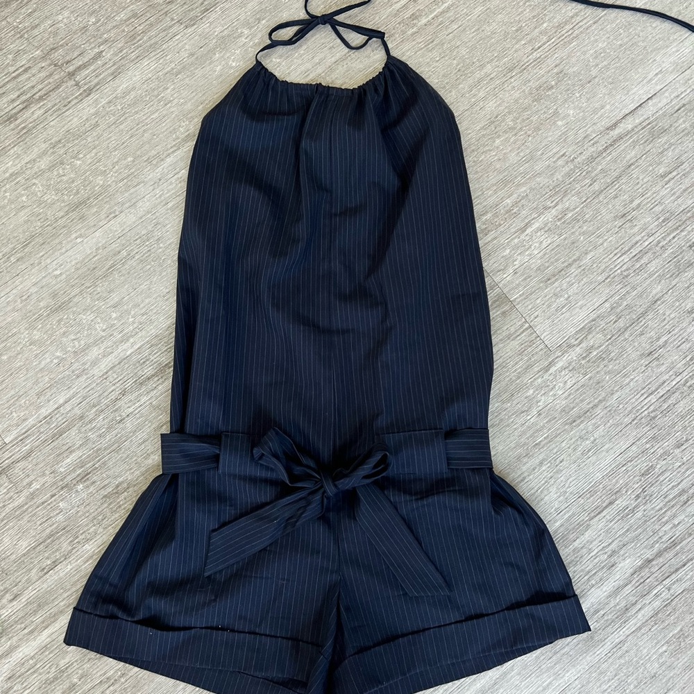 Alice + Olivia Navy Pinstripe Romper